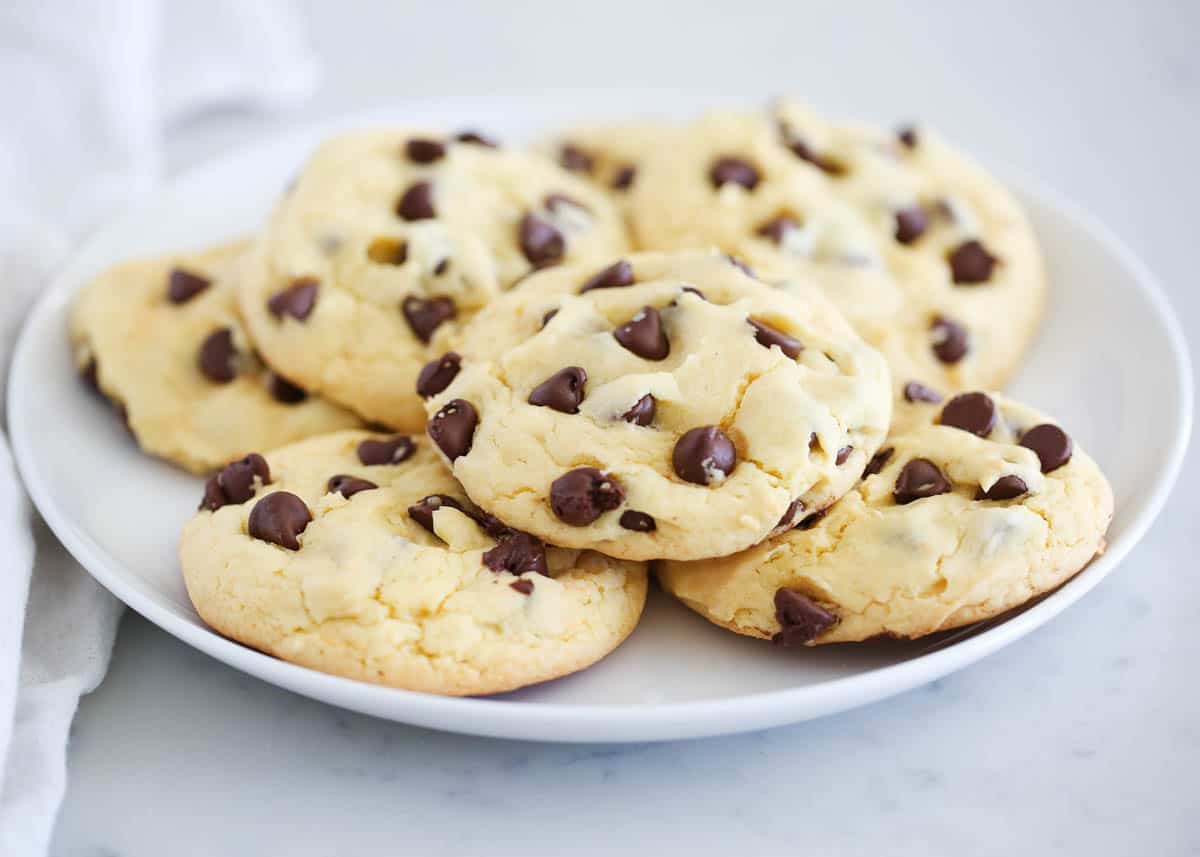 Cake mix chocolate chip cookies on white plate.