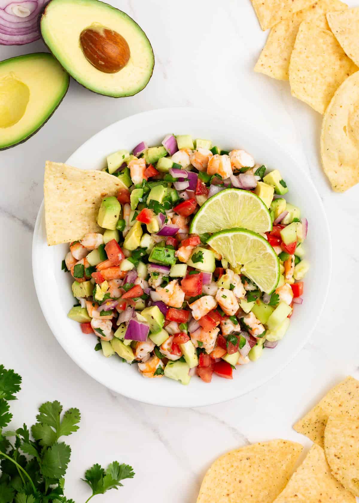 Ceviche in white bowl on a marble countertop.