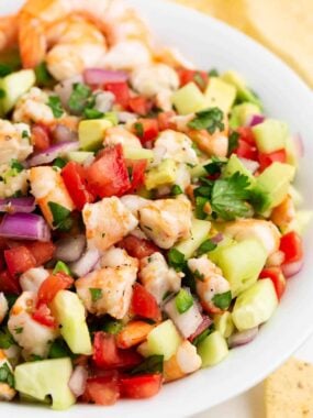 Ceviche in white bowl.
