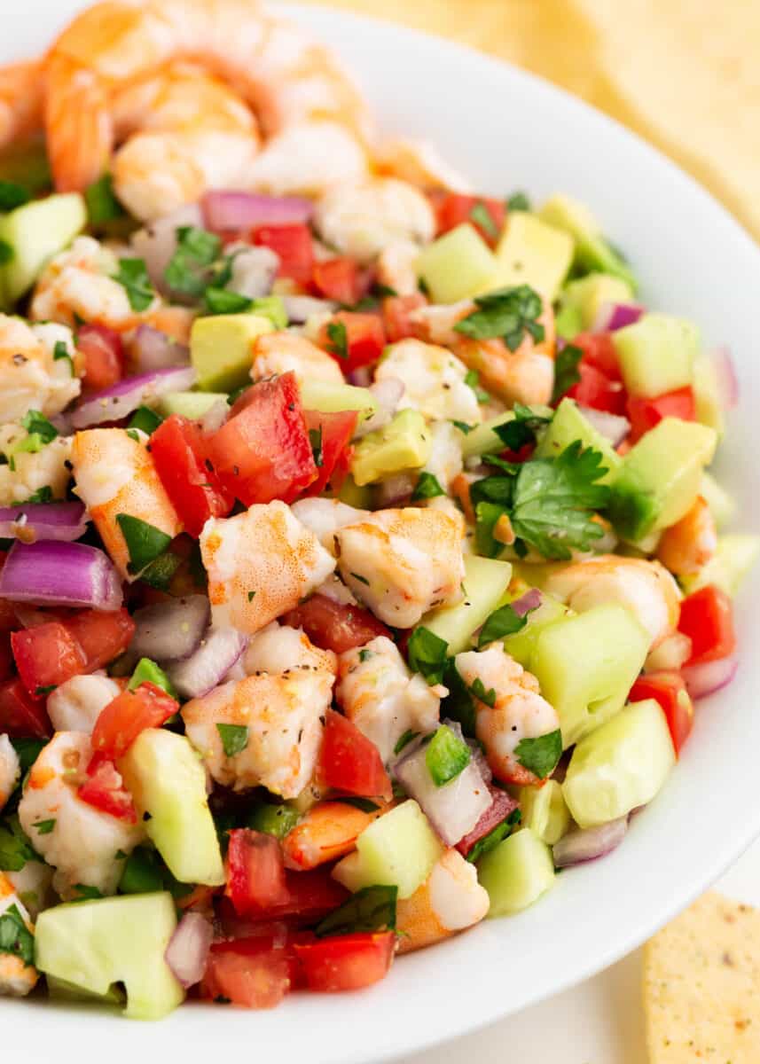 Ceviche in white bowl.