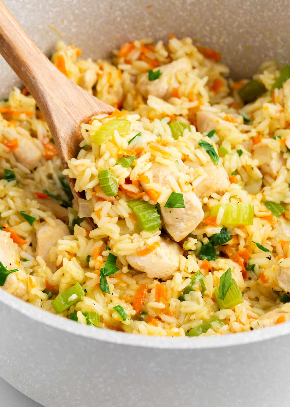 Spoonful of chicken and rice in a pot.