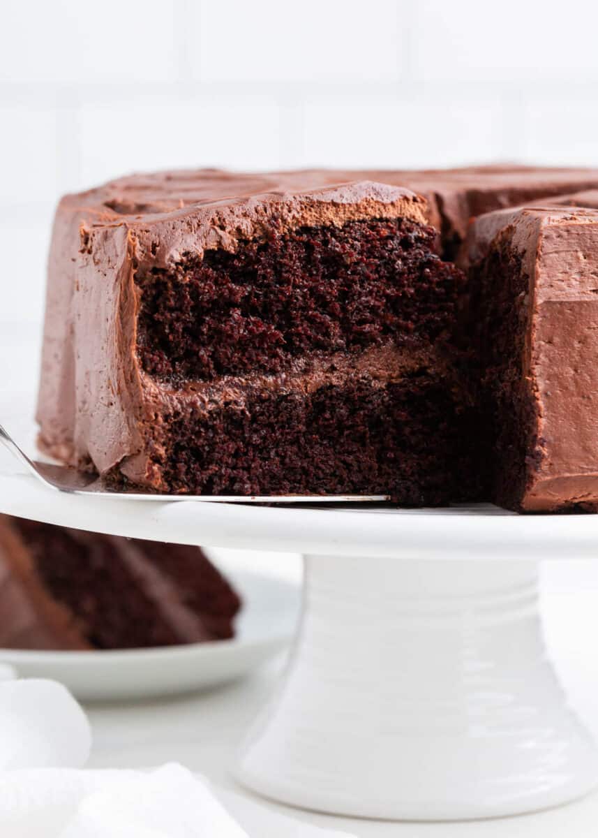 Chocolate cake on white cake stand.