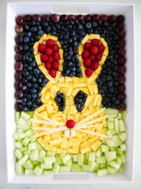 Easter fruit tray in the shape of a bunny.