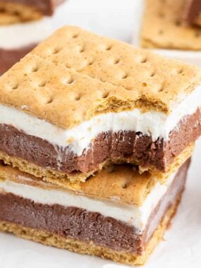 Bite taken from a frozen s'more sandwich.