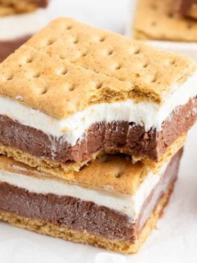 Stack of frozen s'mores on countertop.