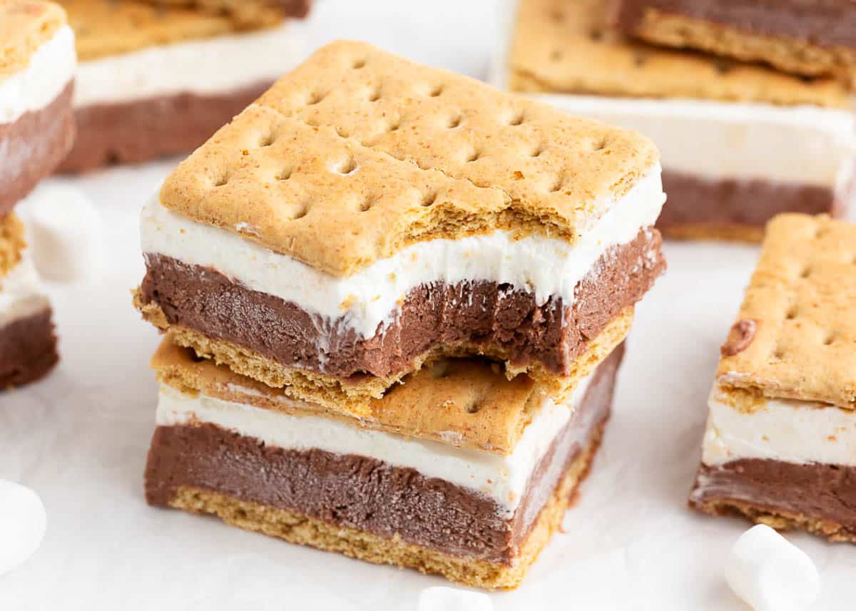 Stack of frozen s'mores on countertop.