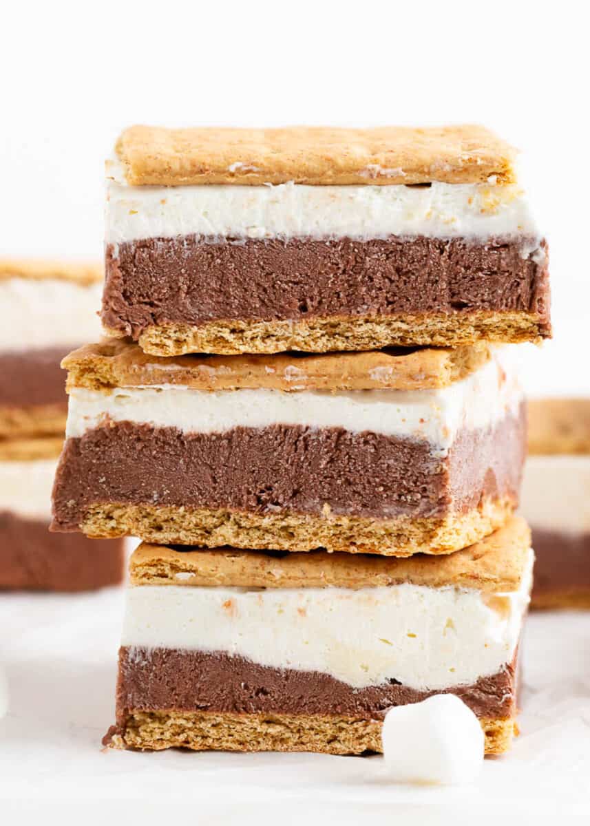 Frozen s'more sandwiches stacked on top of eacherother.