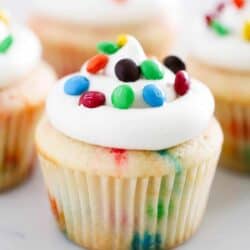 M&M cupcake with vanilla frosting.