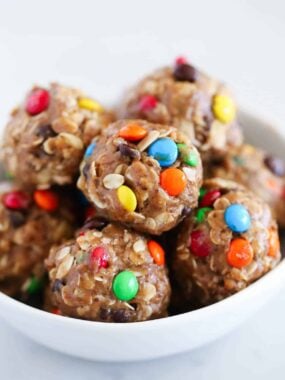 Monster energy balls in a white bowl.