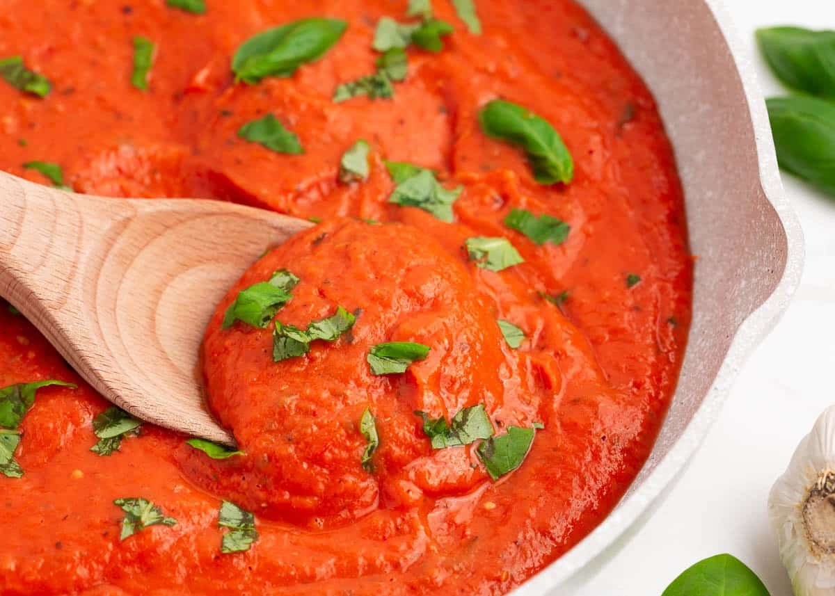 Roasted garlic tomato sauce in skillet.