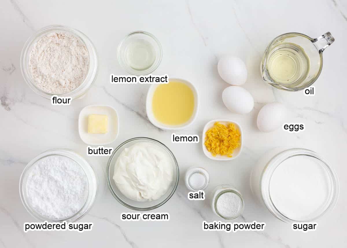 Lemon loaf ingredients on marble counter.