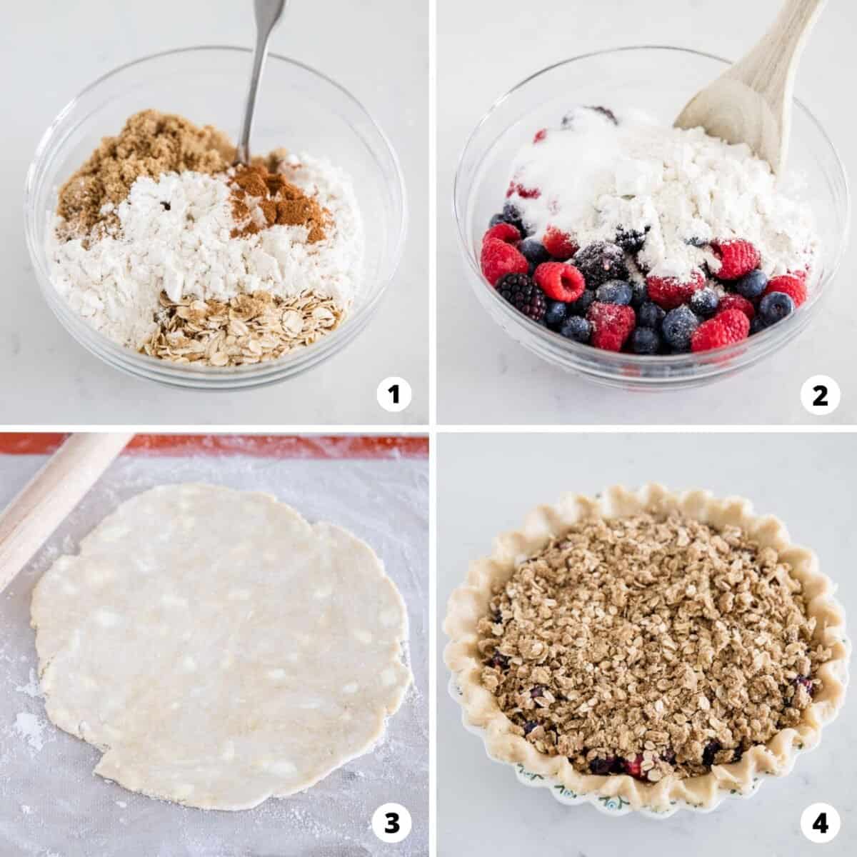 Step by step collage making berry crumble pie