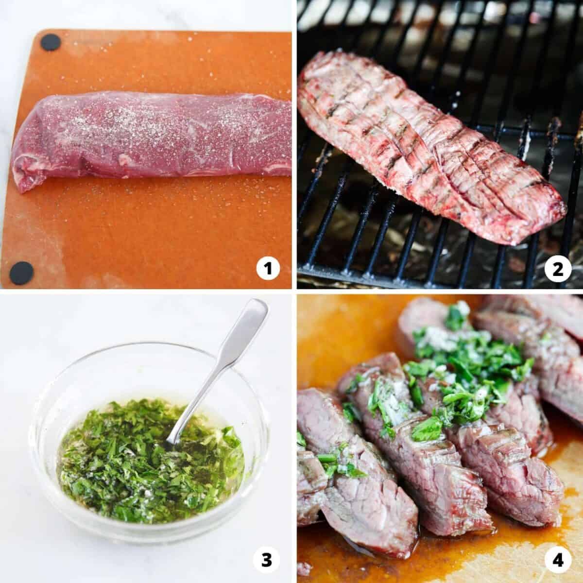 Step by step collage making chimichurri steak.