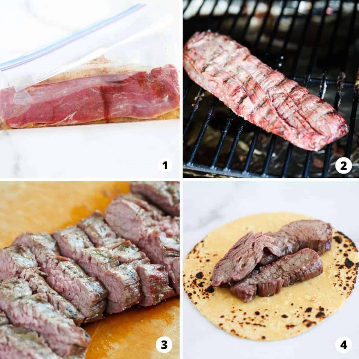 Step by step collage making flank tacos. 