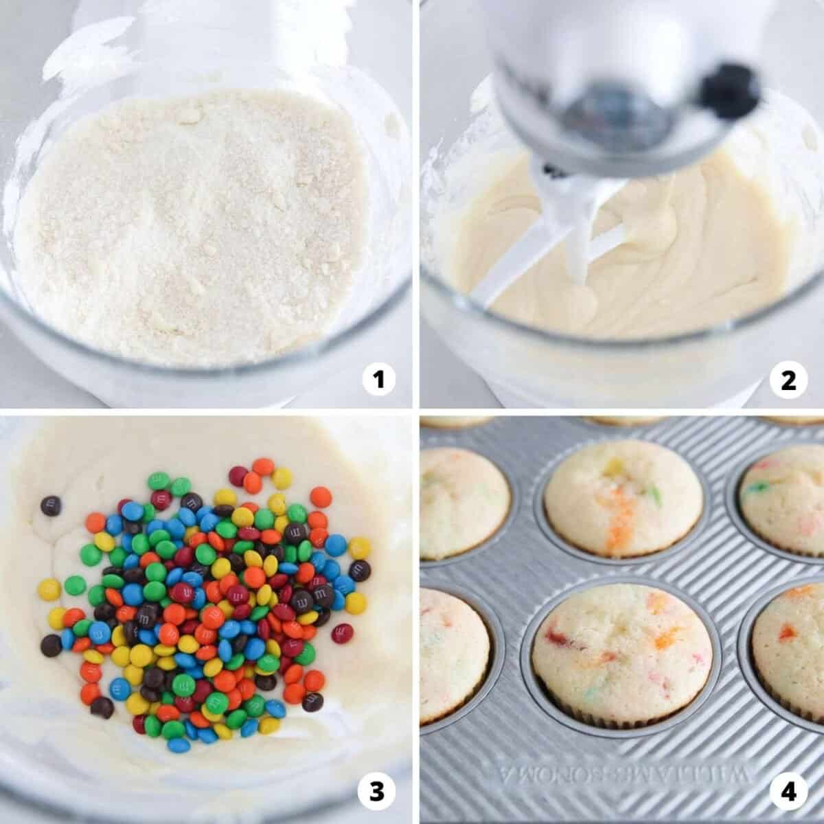 Step by step collage making m&m cupcakes.