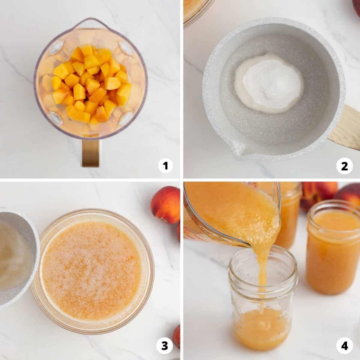 Step by step collage making peach jam.
