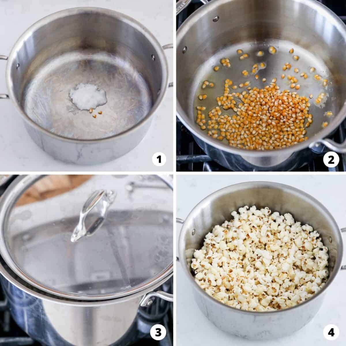 Step by step collage making popcorn in pot on stove.