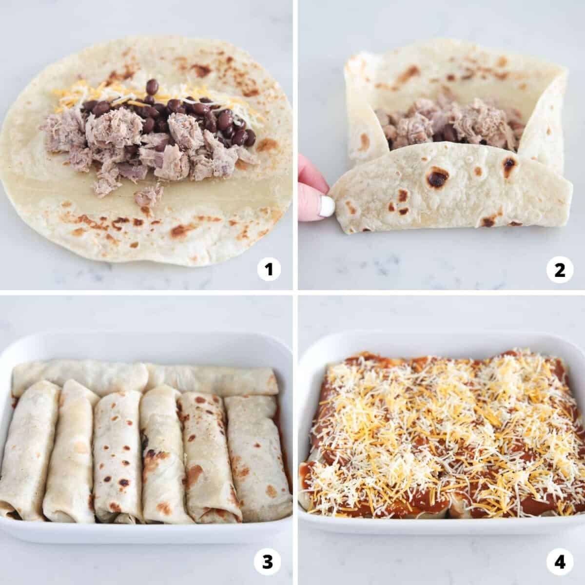 Step by step collage to make pork enchiladas.