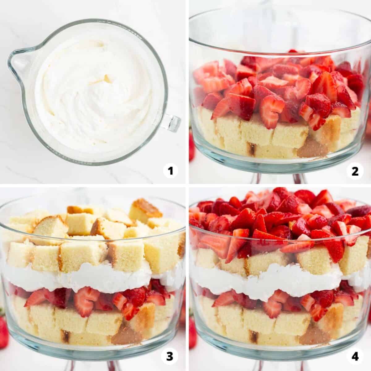 Step by step collage showing how to make strawberry shortcake trifle. 