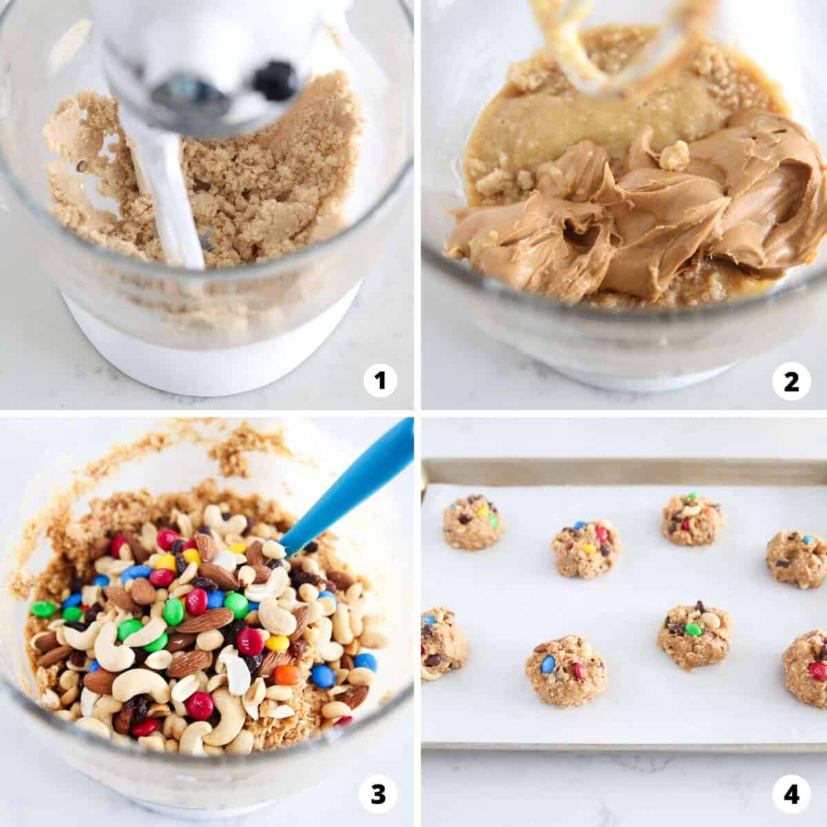 Step by step collage making trail mix cookie dough.