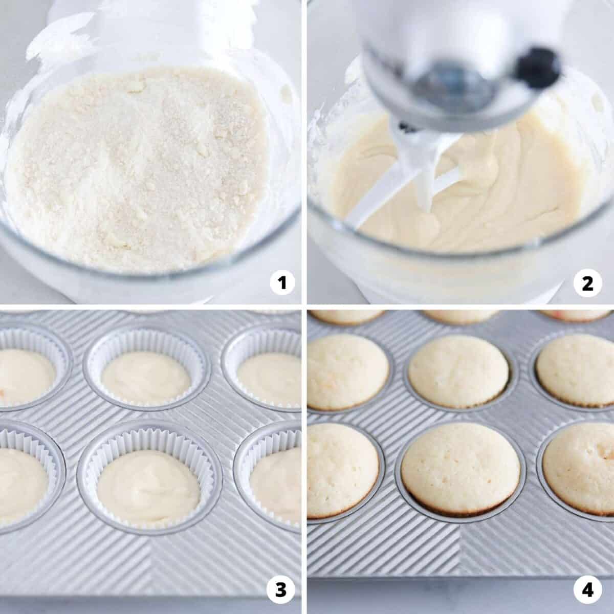 Step by step collage making vanilla cupcakes.