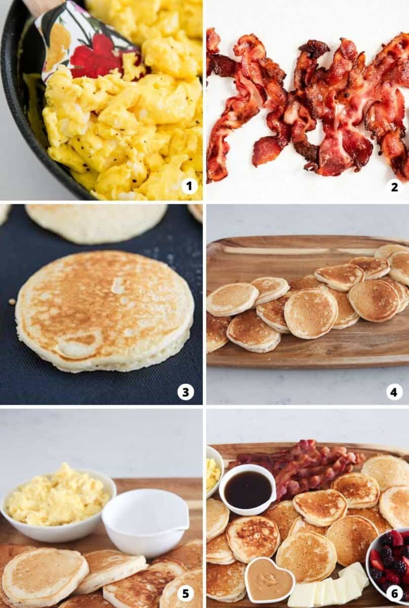 How to make pancake charcuterie board step by step collage.
