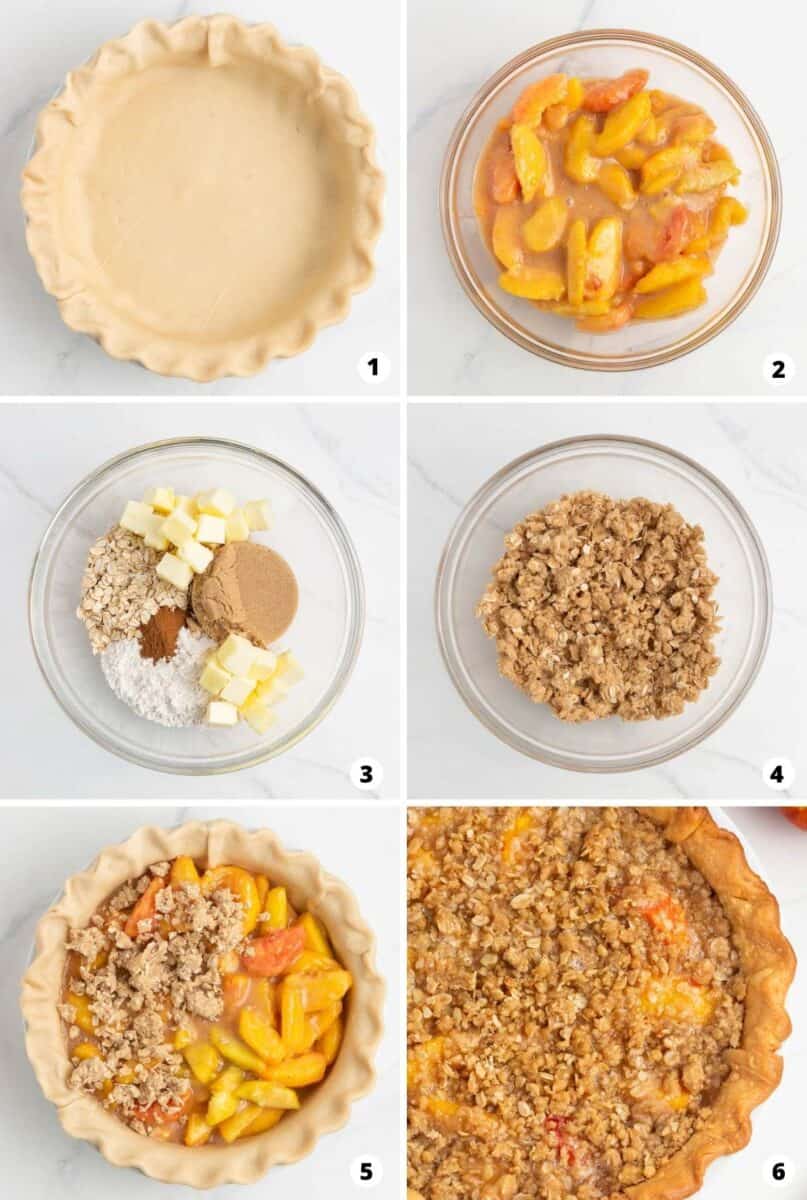 Step by step collage making peach pie.