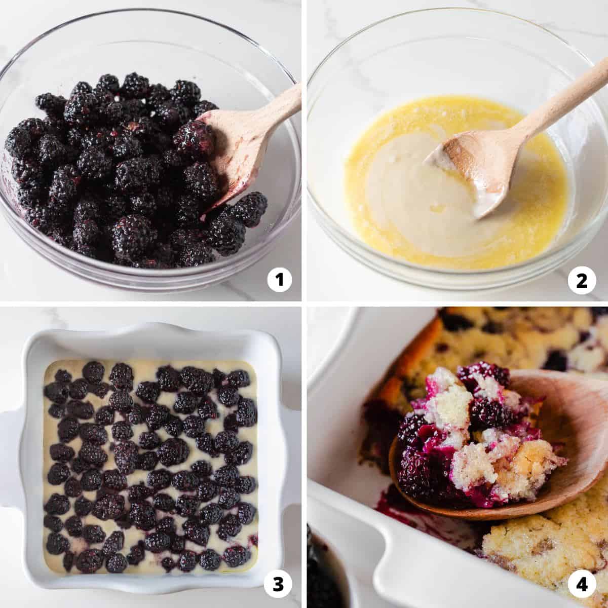 Showing how to make blackberry cobbler in a 4 step collage. 