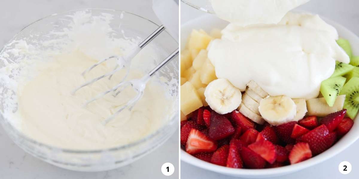 Step by step collage making fruit salad.