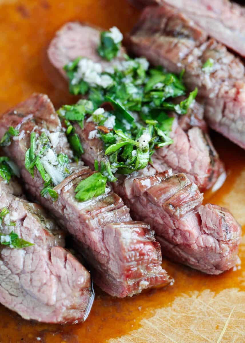 Closeup of sliced chimichurri steak 