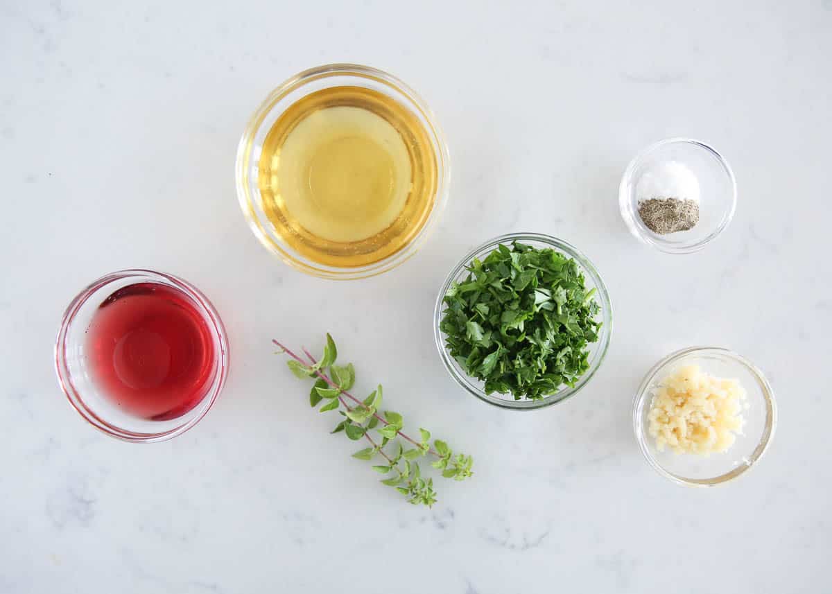 Chimichurri ingredients on counter.