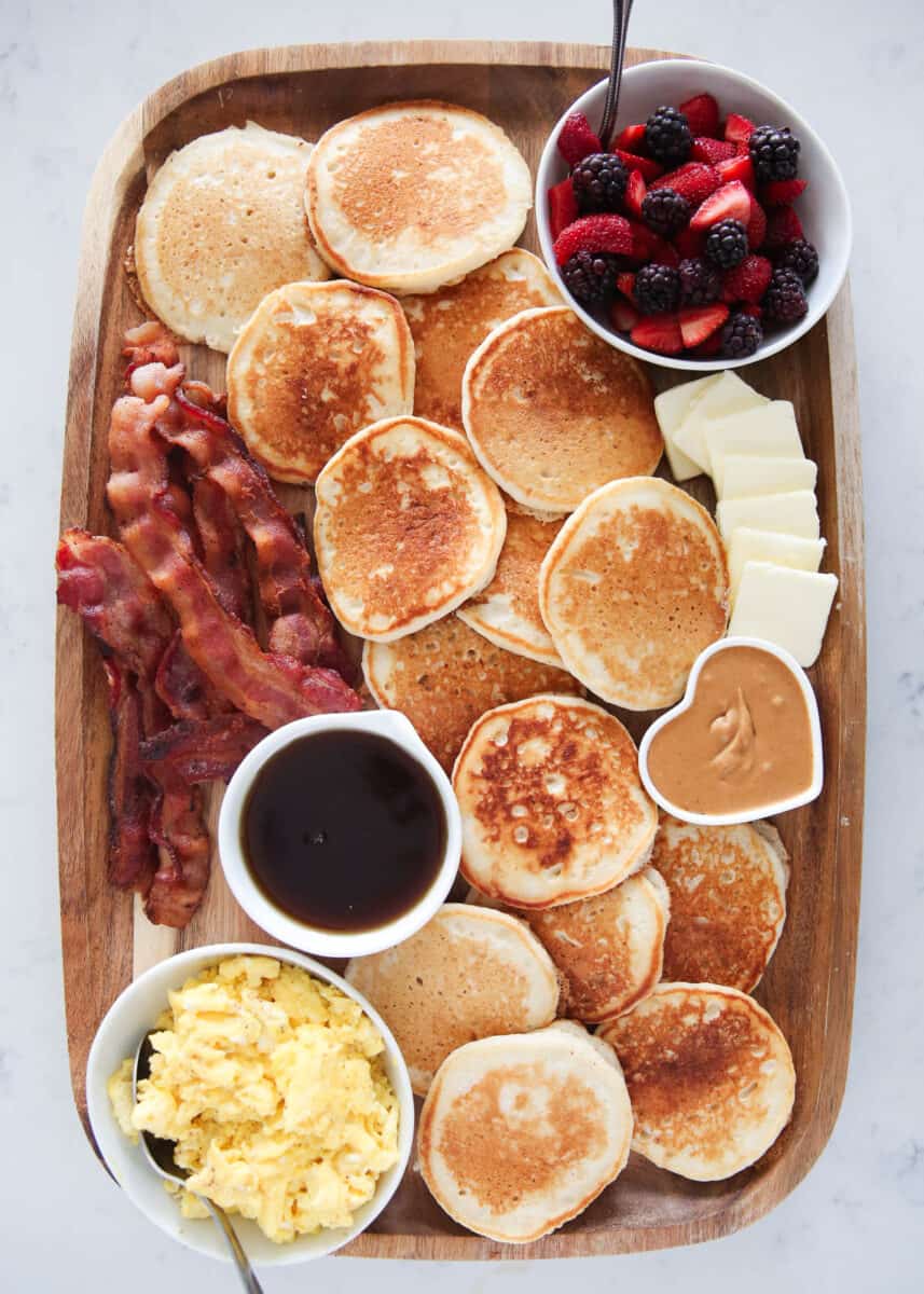 Pancake charcuterie board on marble counter.