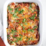 Pork enchiladas in white baking dish.