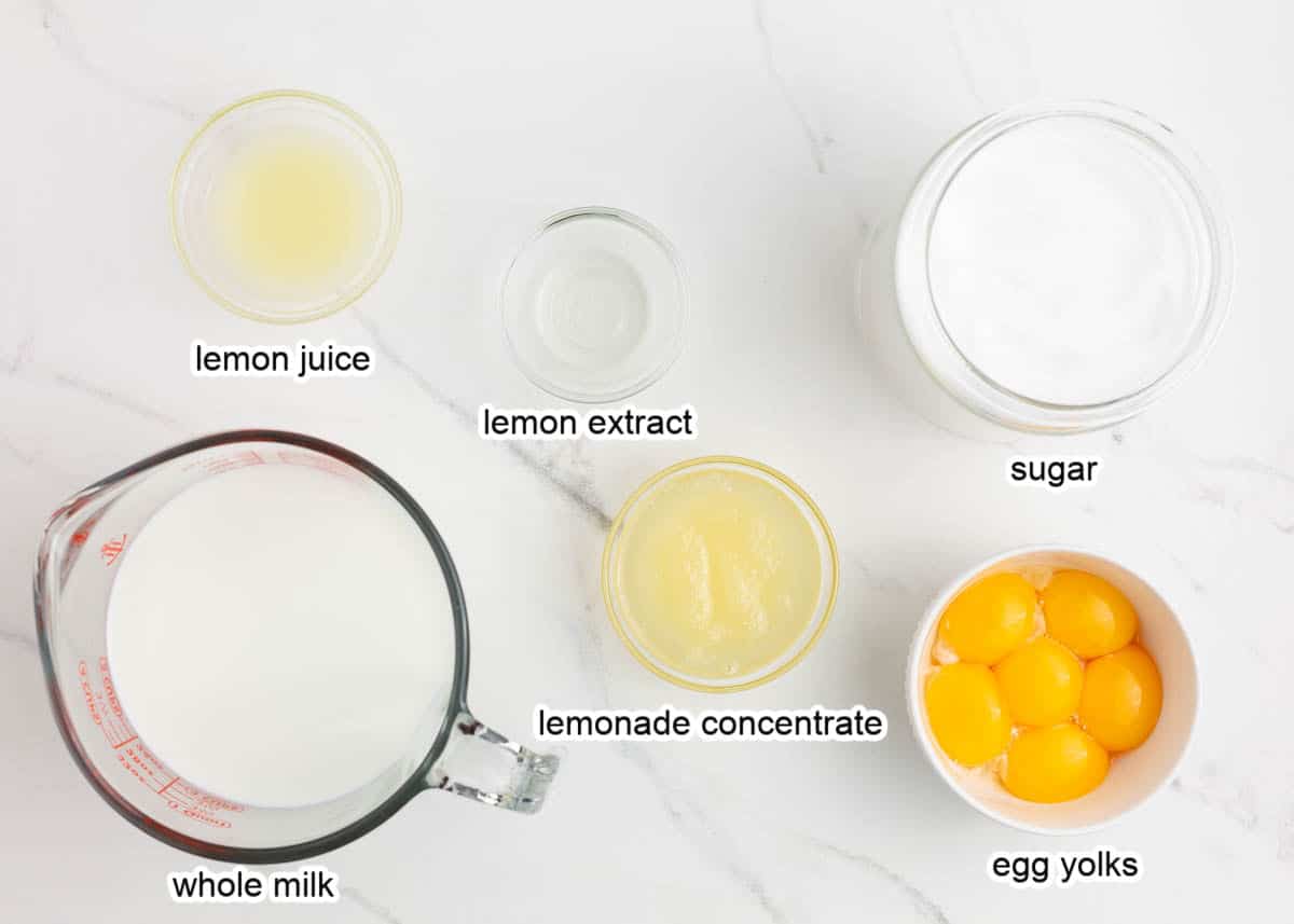 Lemon ice cream ingredients on counter.