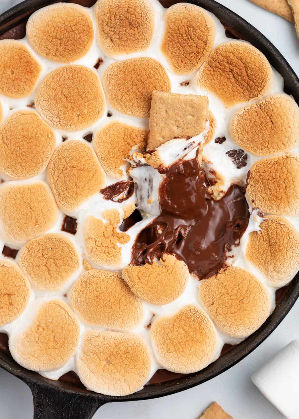 This s'mores dip is a crowd pleasing dip made with melted chocolate and marshmallows oven toasted to perfection. Serve with graham crackers for a gooey treat! S'mores dip in a cast iron skillet with a graham cracker dipped into it.