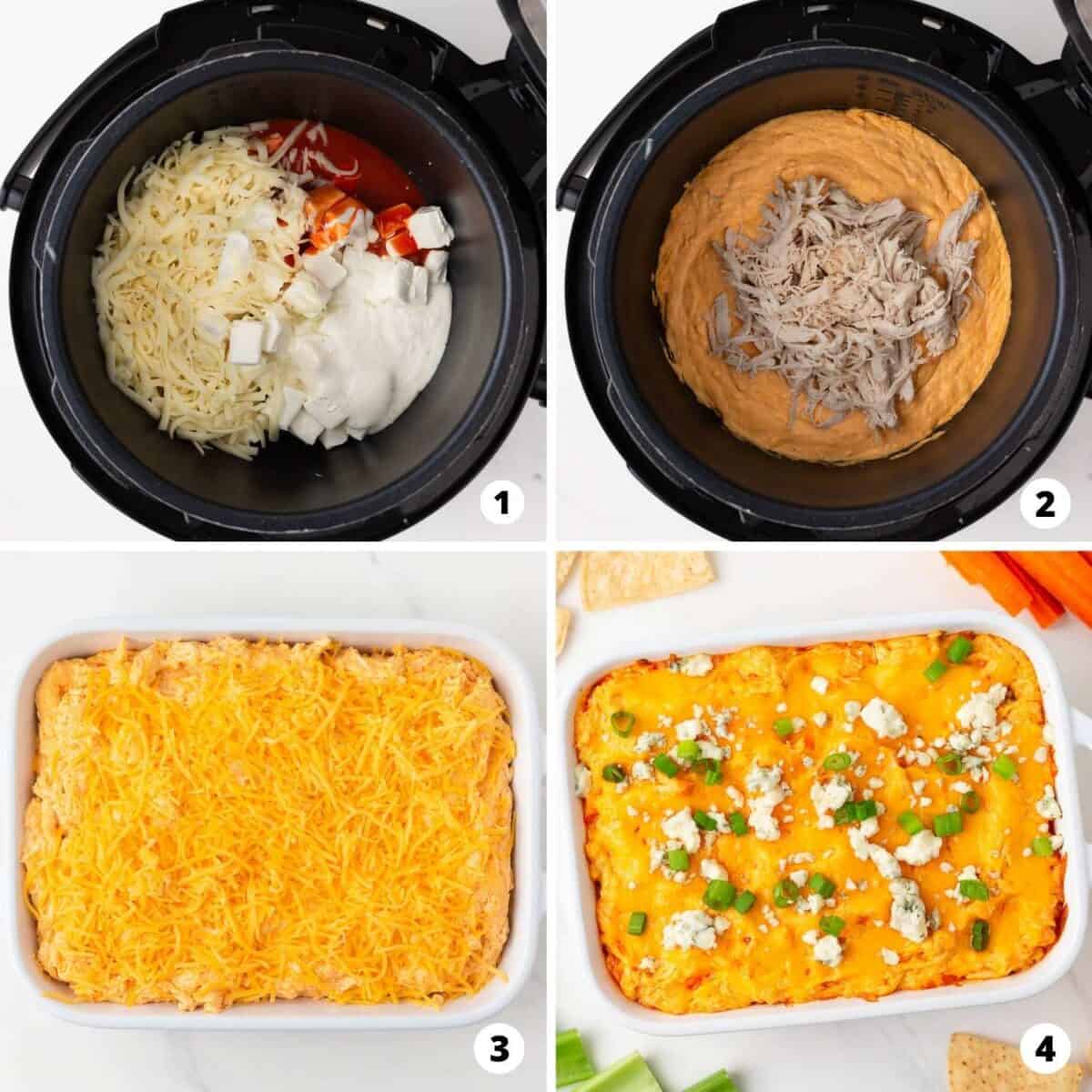 Step by step collage making baked buffalo chicken dip. 
