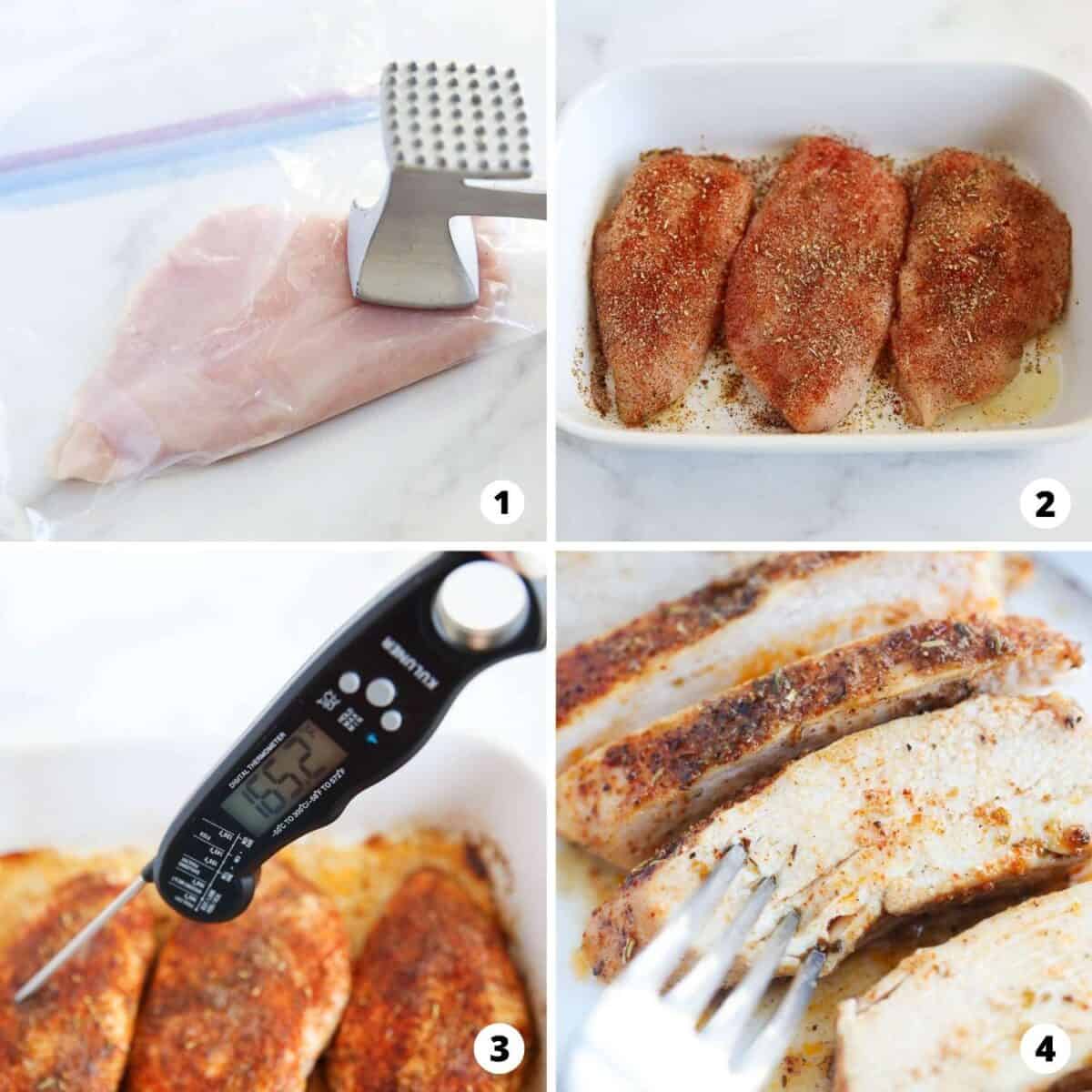 Step by step collage showing how to make baked chicken breast.