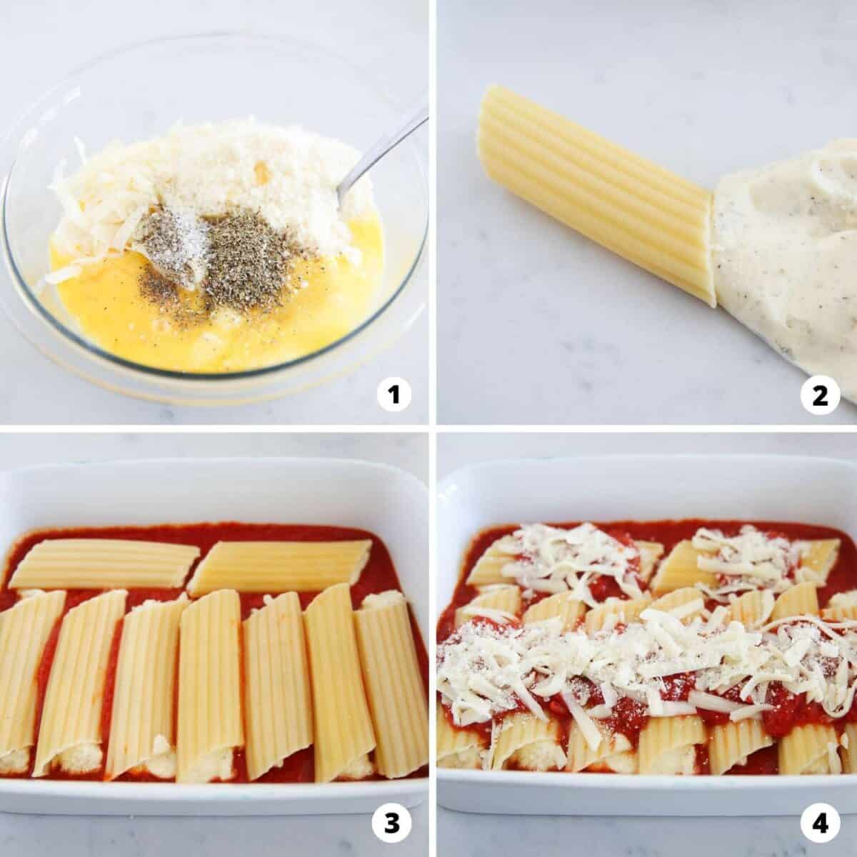 Step by step collage making cheese manicotti.