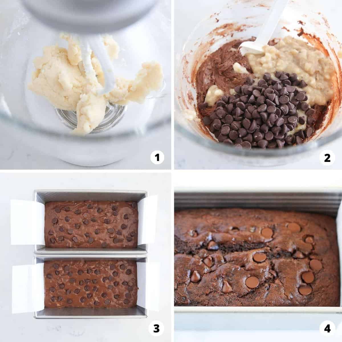 Step by step collage making chocolate banana bread.