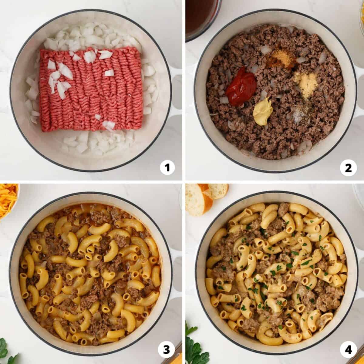 Step by step collage making Hamburger Helper.