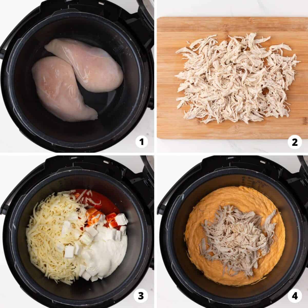 Step by step collage making instant pot buffalo dip.