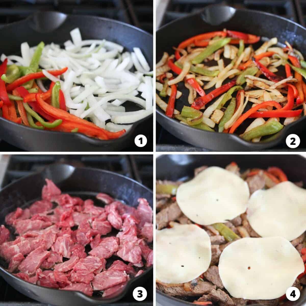 Step by step collage making philly cheesesteak.
