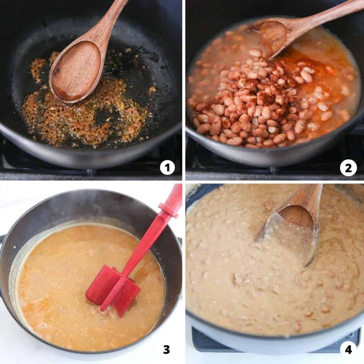 Step by step collage showing how to make refried beans.