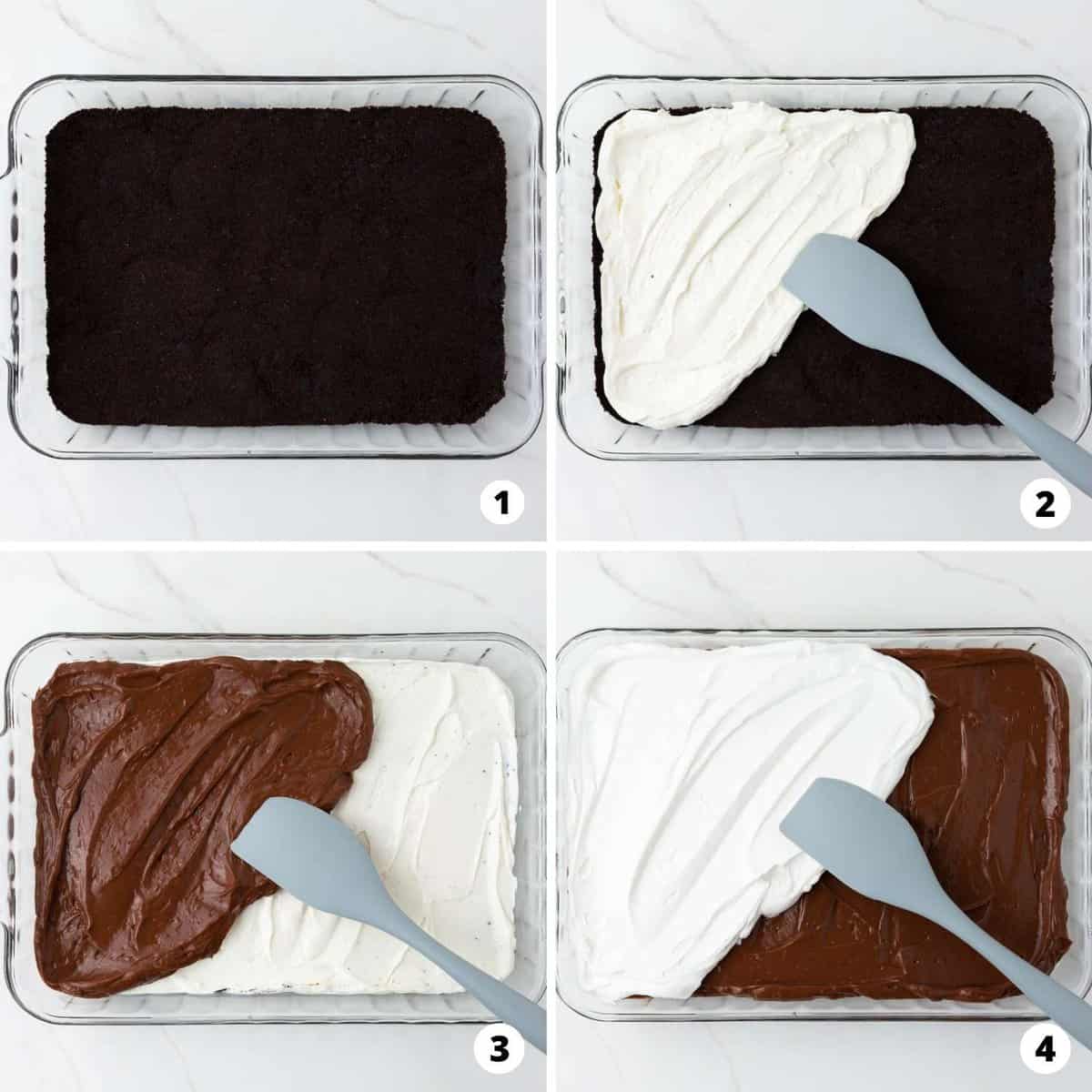 Step by step collage making chocolate lasagna.