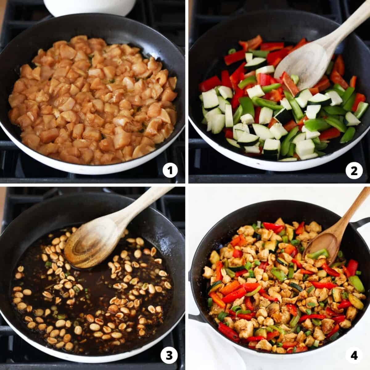Step by step collage making kung pao chicken.