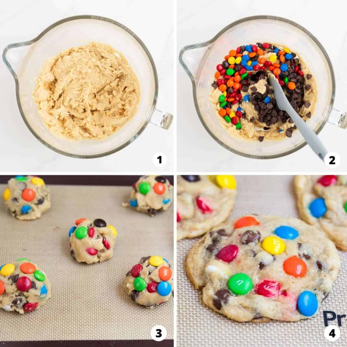 Step by step collage making m&m cookies.