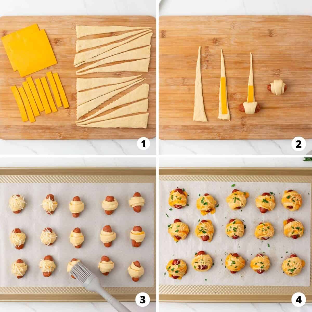 Step by step collage making pigs in a blanket with cheese.