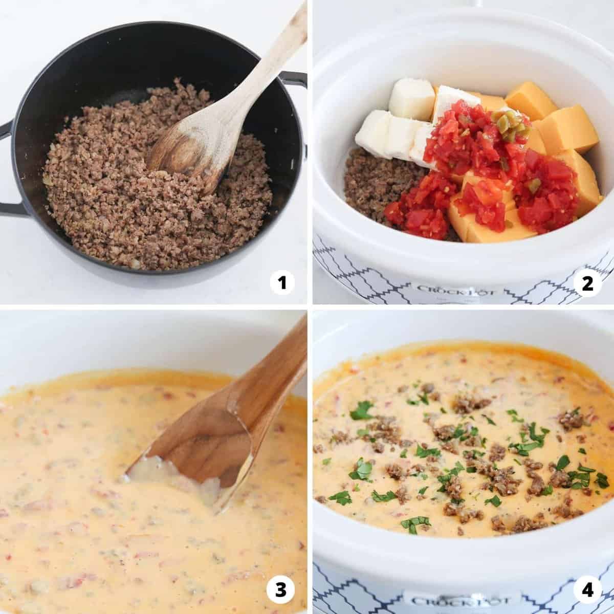 Step by step collage making sausage cheese dip.