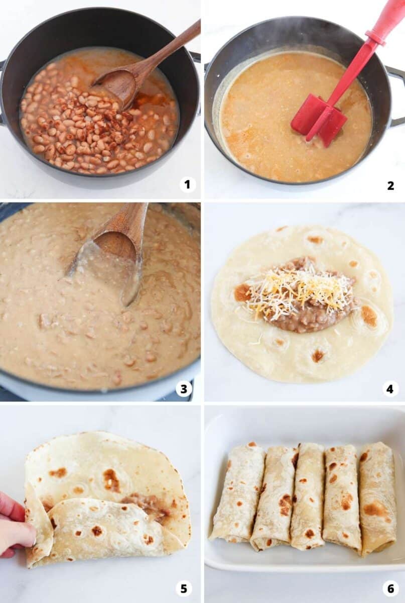 Step by step collage showing how to make bean and cheese burritos.