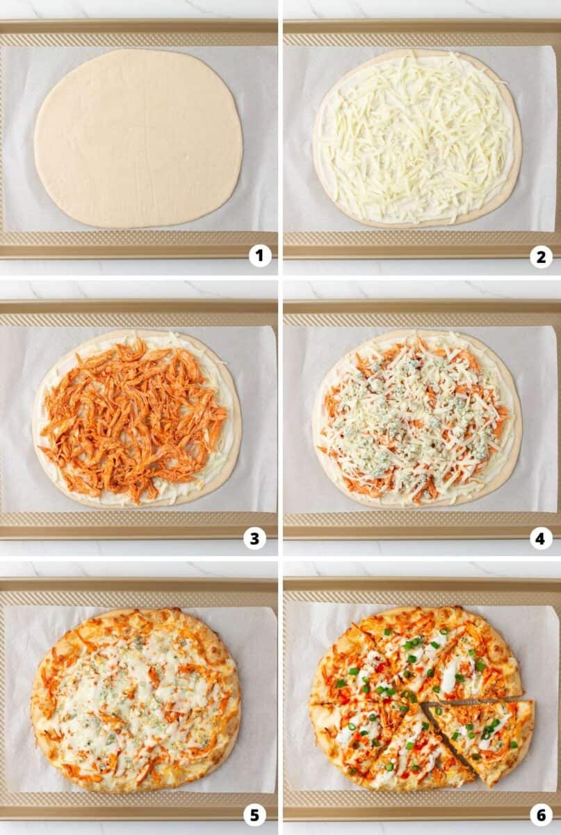 Step by step collage making buffalo chicken pizza.